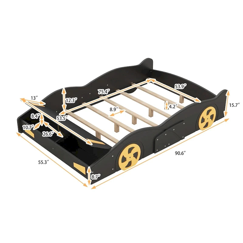 Lit Voiture de Course Entier en Pin avec Roues et Rangement