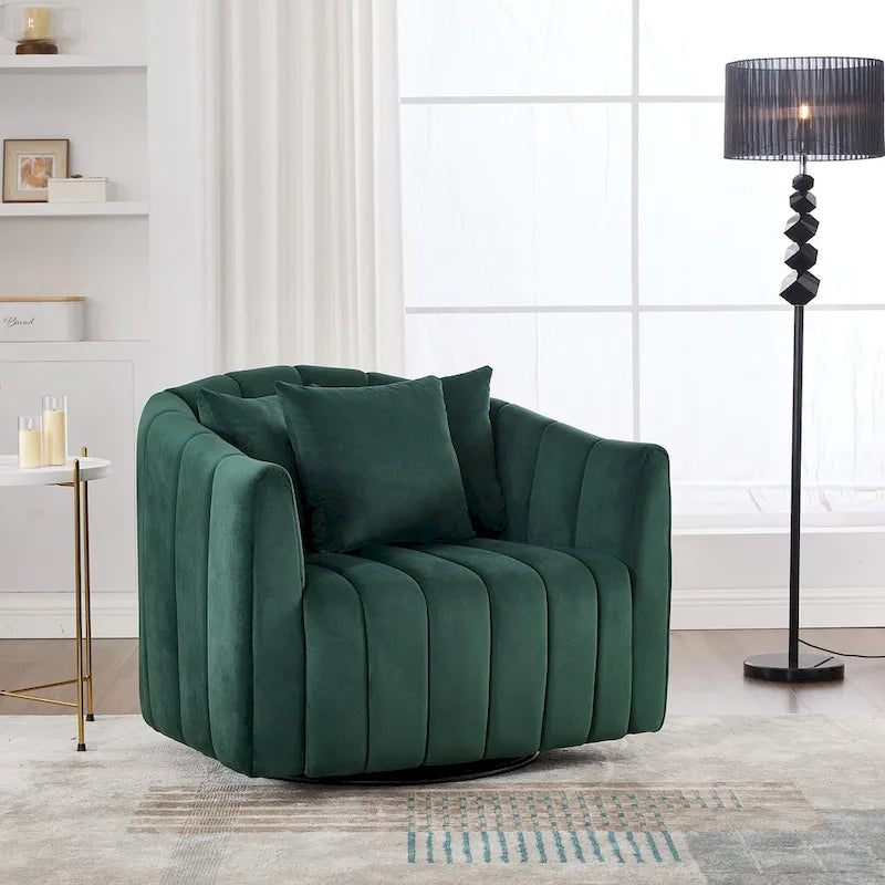 Oversized 360 Swivel Accent Barrel Chair and Half Cozy Sofa with 3 Pillows,Velvet Channel Tufted Pumpkin-Shape Club Armchair