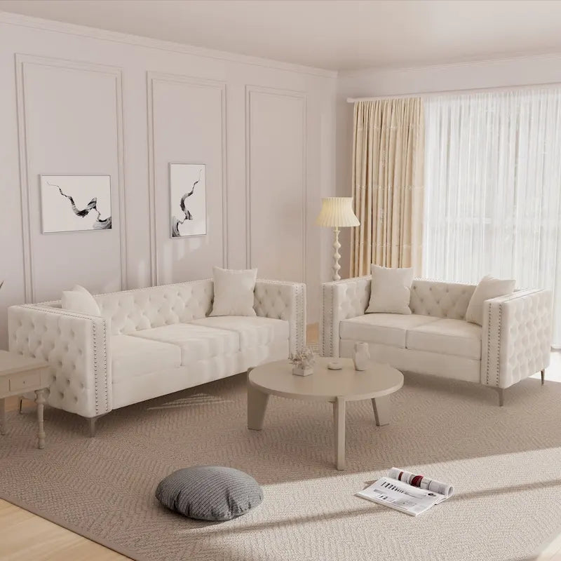 Canapé 2 places et causeuse modernes en velours hollandais beige, pieds en fer