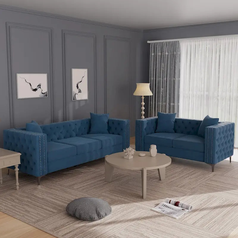 Canapé 2 places et causeuse modernes en velours hollandais beige, pieds en fer