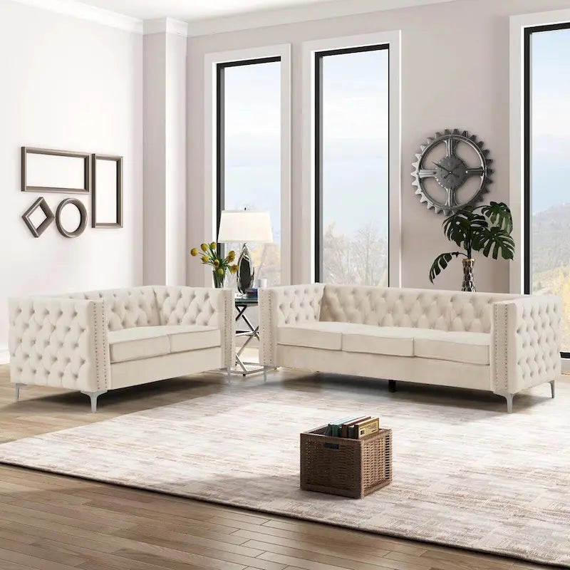 Canapé 2 places et causeuse modernes en velours hollandais beige, pieds en fer