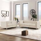 Canapé 2 places et causeuse modernes en velours hollandais beige, pieds en fer