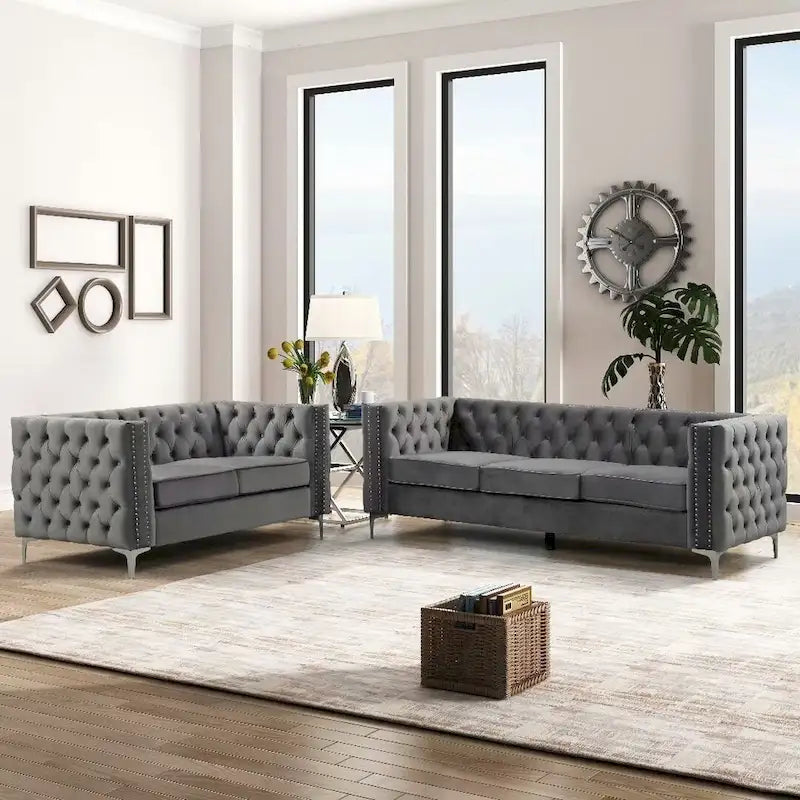 Canapé 2 places et causeuse modernes en velours hollandais beige, pieds en fer