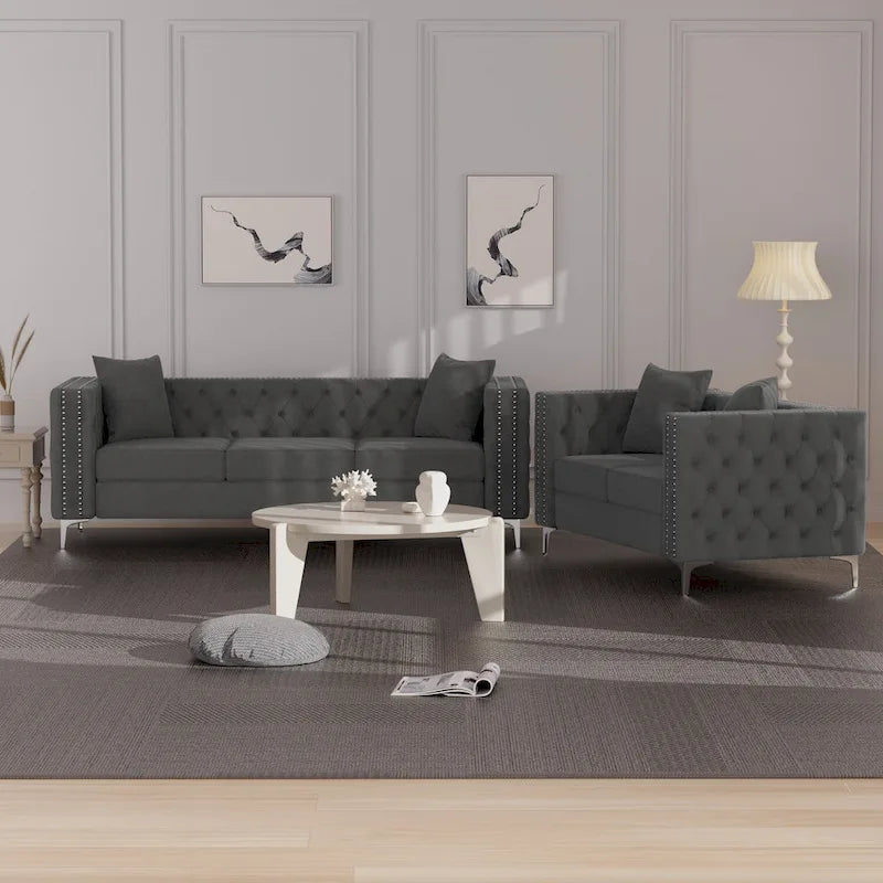 Canapé 2 places et causeuse modernes en velours hollandais beige, pieds en fer
