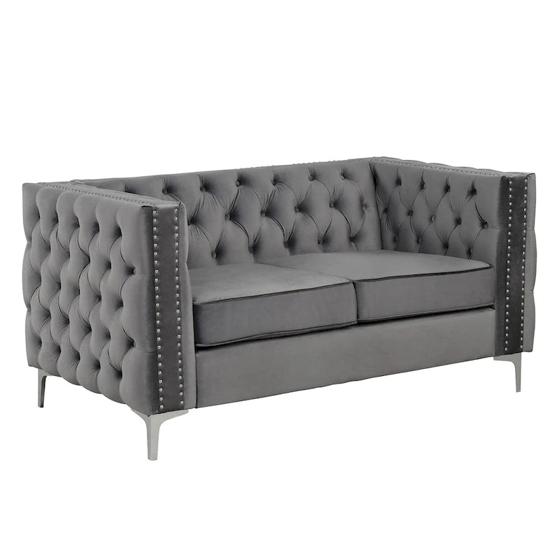 Canapé 2 places et causeuse modernes en velours hollandais beige, pieds en fer