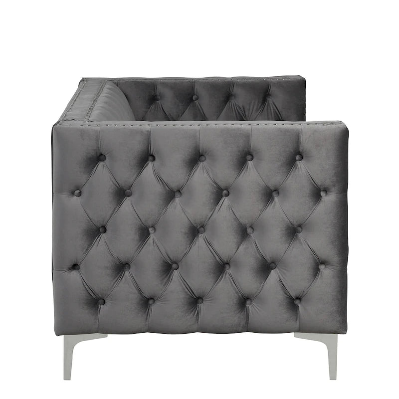 Canapé 2 places et causeuse modernes en velours hollandais beige, pieds en fer