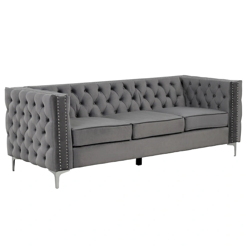 Canapé 2 places et causeuse modernes en velours hollandais beige, pieds en fer