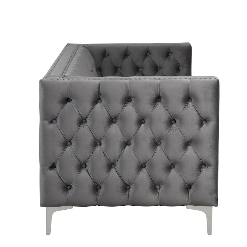 Canapé 2 places et causeuse modernes en velours hollandais beige, pieds en fer