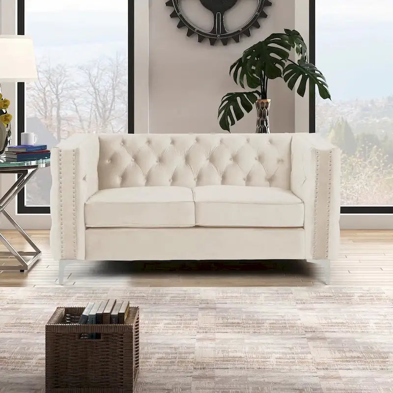 Canapé 2 places et causeuse modernes en velours hollandais beige, pieds en fer