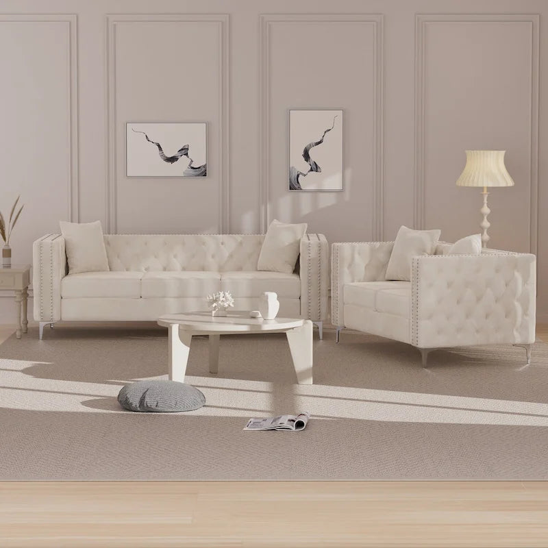 Canapé 2 places et causeuse modernes en velours hollandais beige, pieds en fer