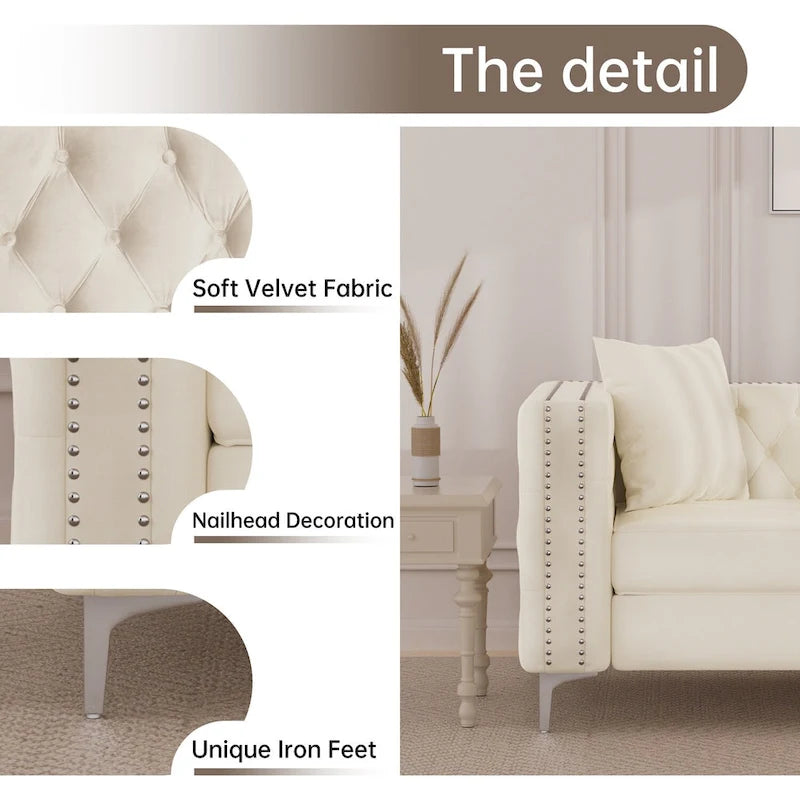 Canapé 2 places et causeuse modernes en velours hollandais beige, pieds en fer
