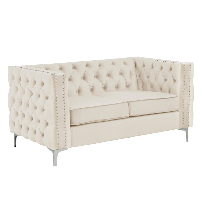 Canapé 2 places et causeuse modernes en velours hollandais beige, pieds en fer