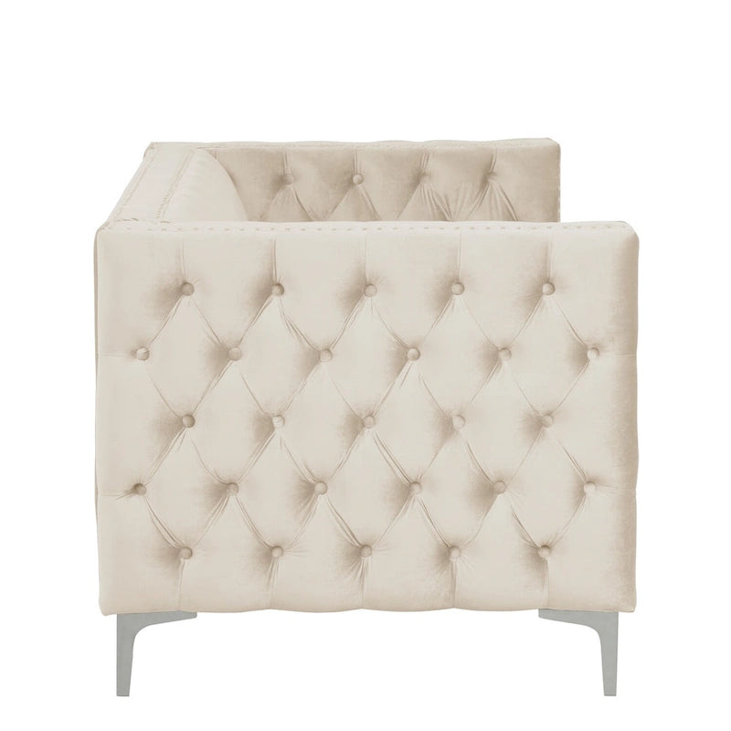 Canapé 2 places et causeuse modernes en velours hollandais beige, pieds en fer