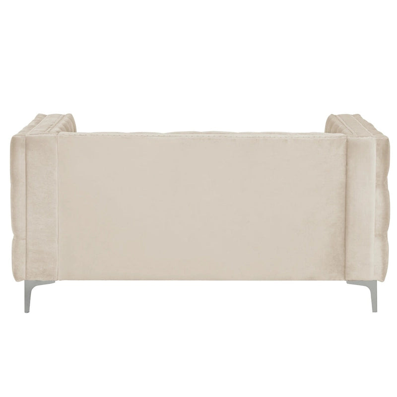 Canapé 2 places et causeuse modernes en velours hollandais beige, pieds en fer