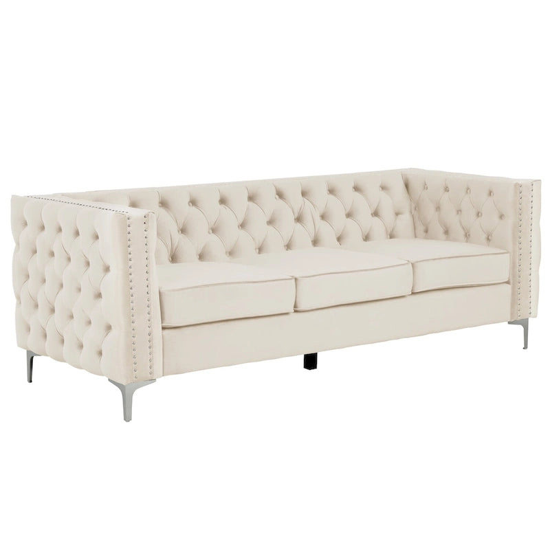 Canapé 2 places et causeuse modernes en velours hollandais beige, pieds en fer