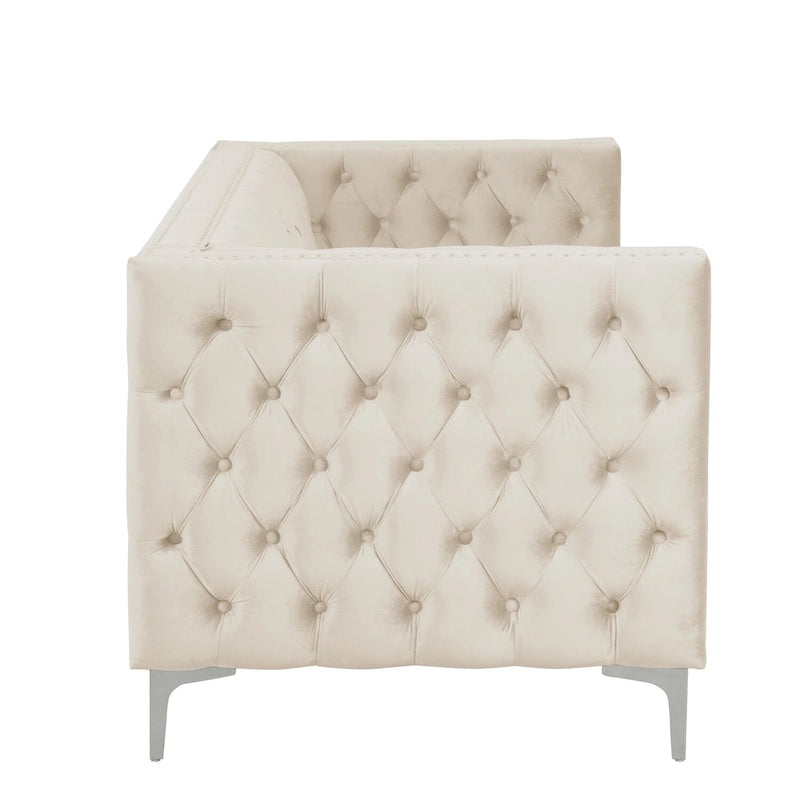 Canapé 2 places et causeuse modernes en velours hollandais beige, pieds en fer