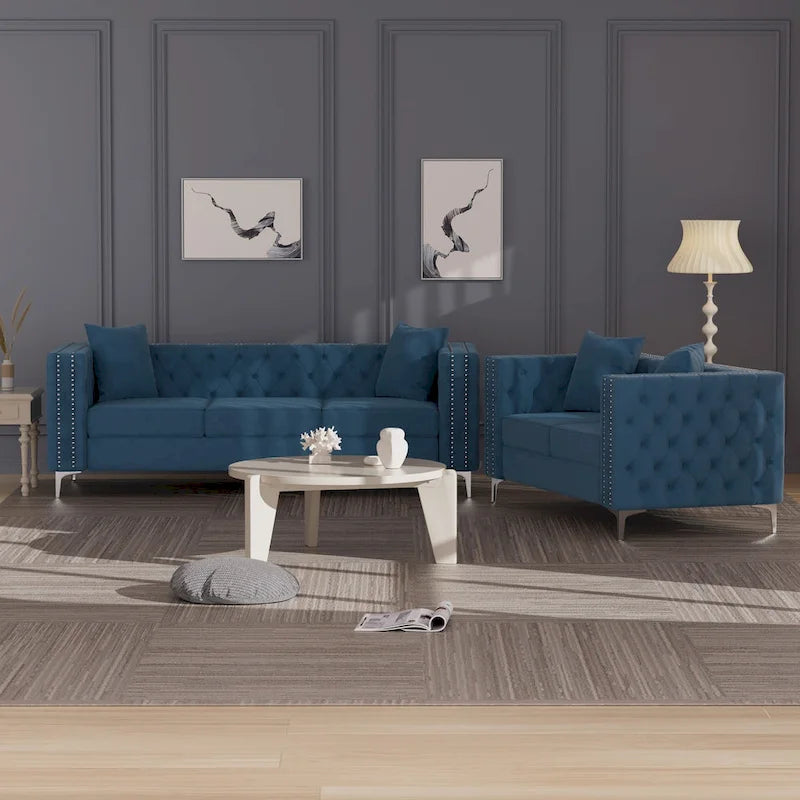 Canapé 2 places et causeuse modernes en velours hollandais beige, pieds en fer
