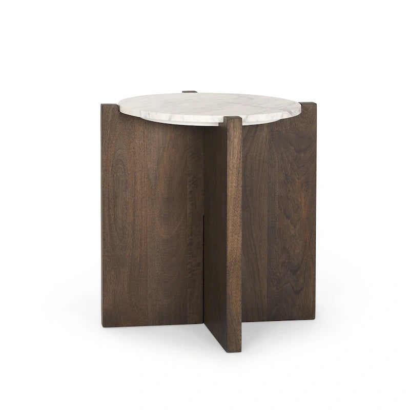 Table d'appoint ronde Bianca en bois marron foncé et marbre - 22,0L x 22,0l x 22,0H