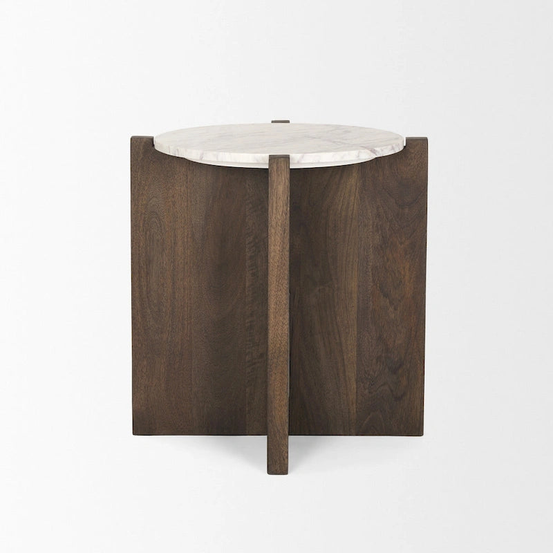 Table d'appoint ronde Bianca en bois marron foncé et marbre - 22,0L x 22,0l x 22,0H