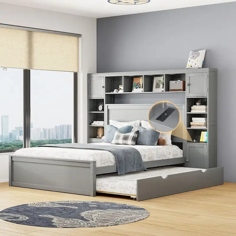 Lit queen en bois avec armoire tout-en-un
