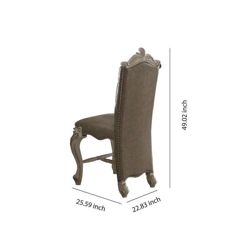 Chaise de comptoir en bois rembourrée en similicuir avec garniture cloutée, gris et blanc, lot de deux